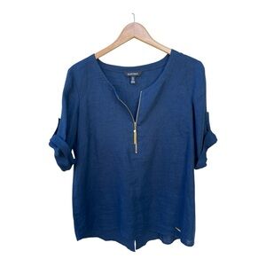 Ellen Tracy Navy Zip Front Roll Tab Short Sleeve Linen Tunic Sz Med